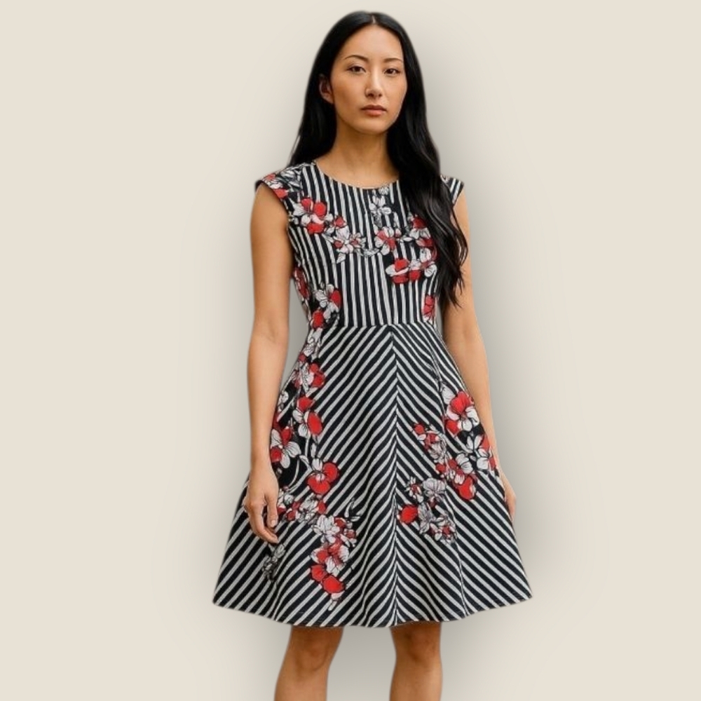 CLEO Elegant Black and White Striped Floral Dress 16